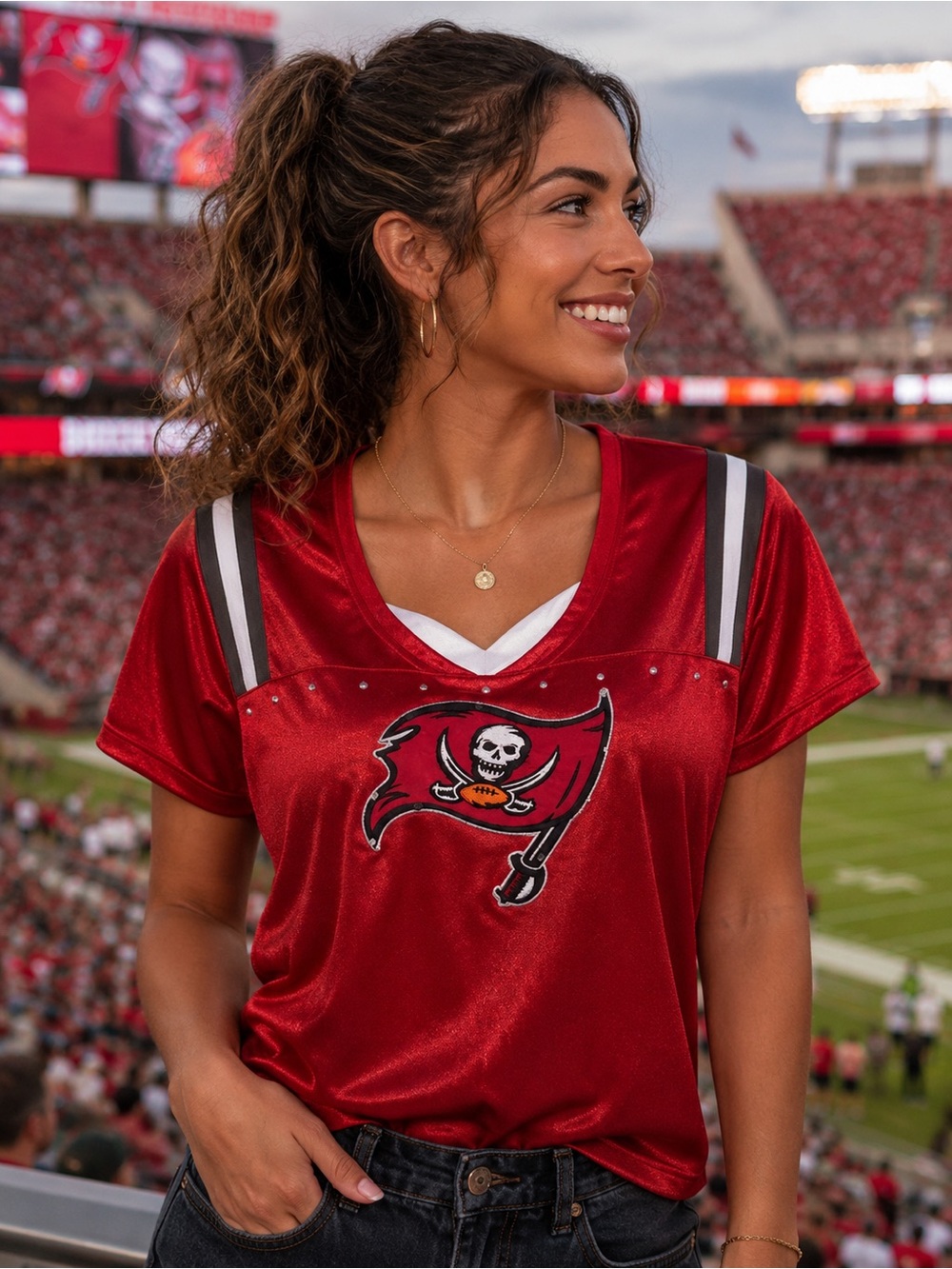 NFL TEAM APPAREL Tampa Bay Buccaneers Women's Red V-Neck Fan Top, Size M